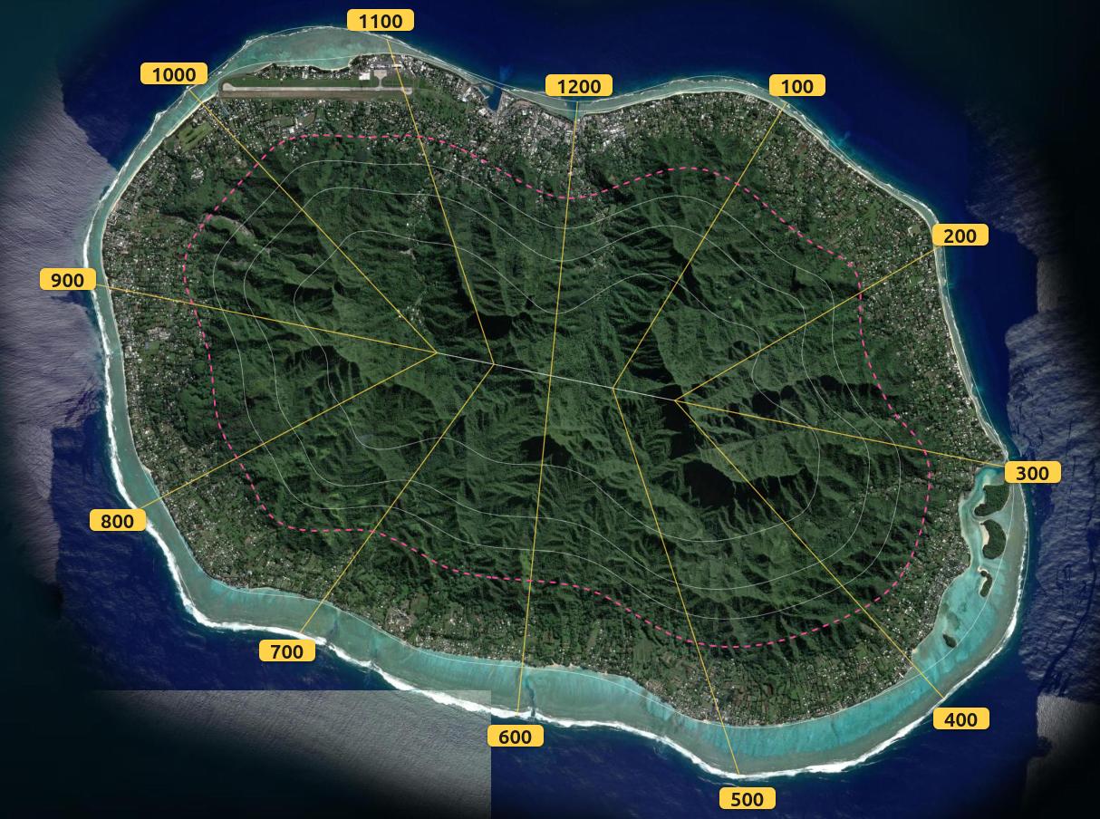 Rarotonga overlaid with the 12 hour radials labelled 100 to 1200, the alphabet-restart ring (dashed pink), and the inner ring boundaries.